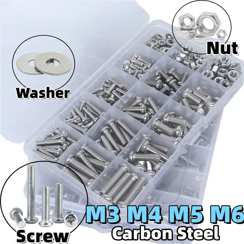 M3 M4 M5 M6 Zinc Plated Carbon Steel Machine Screws Phillips Cross Recessed Round Pan Head Screw Nut Set Mix Sizes Set Kit