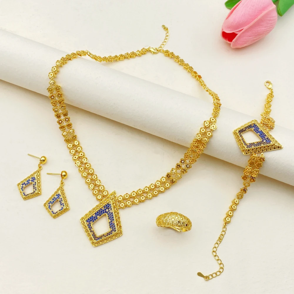 JRH Vintage Geometric Gold Plated Copper Zircon 4Pcs Jewelry Set for Women Bracelet Ring Necklace Earrings