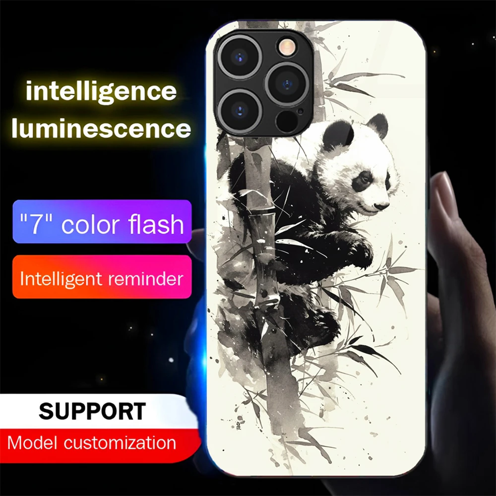 Panda Ink Painting LED Light Glow Luminous Tempered Glass Back Phone Case For Samsung S26 S25 S24 S22 S23 S21 S20 FE Plus Ultra
