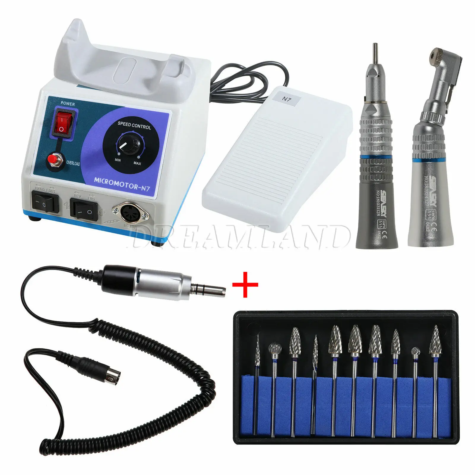 

Marathon Lab Dental Micromotor N7 / Electric Motor / Low Speed Contra Angle Straight Handpiece / 10 pcs Tungsten Carbide Burs