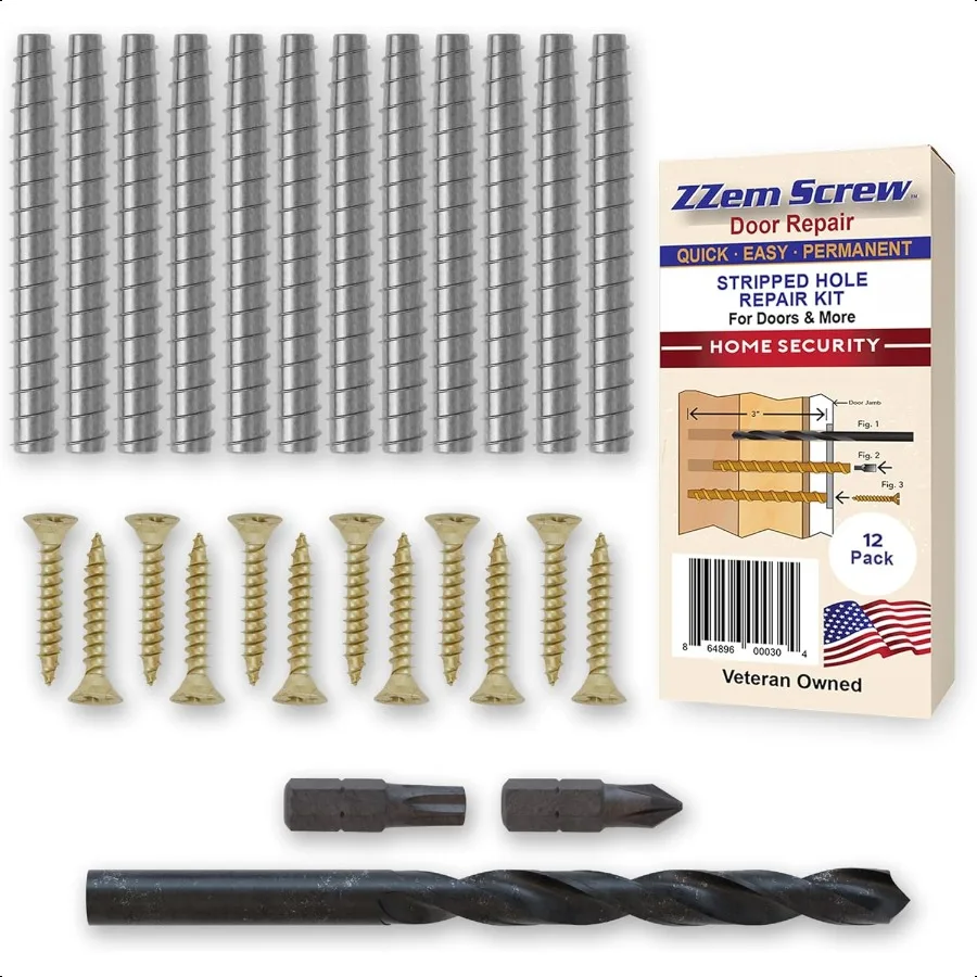 

12PK 9x3 Steel Screws Permanent Door Hinge Repair Kit Easy Stripped Screw Hole Repair Reinforce Door Hinges Strike Plates Door