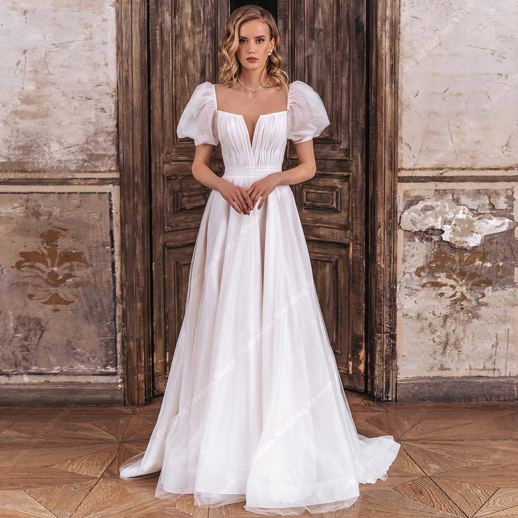 Boho Bride Short Sleeves Tulle Wedding Dresses Summer V-Neck Beach A-Line Long Gowns Newest Mopping Length Vestidos De Novias