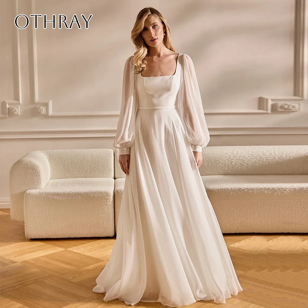 Chiffon Long Sleeves Square A-line Bridal Wedding Gown Pleated Sweep Train Backless Customized свадебное платье