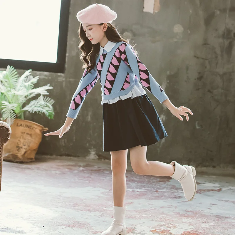 

2025 Korea Autumn Children Girls Dress Set Junior Girl heart Printed O-neck Top Elementary Girl Patchwork Sleeveless Dress