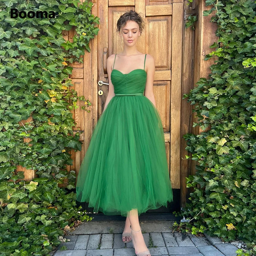 Booma Eenvoudige Green Tulle Midi Prom Dresses Spaghettibandjes Thee-Lengte A-lijn Wedding Party Jurken 2022 Korte Avondjurken