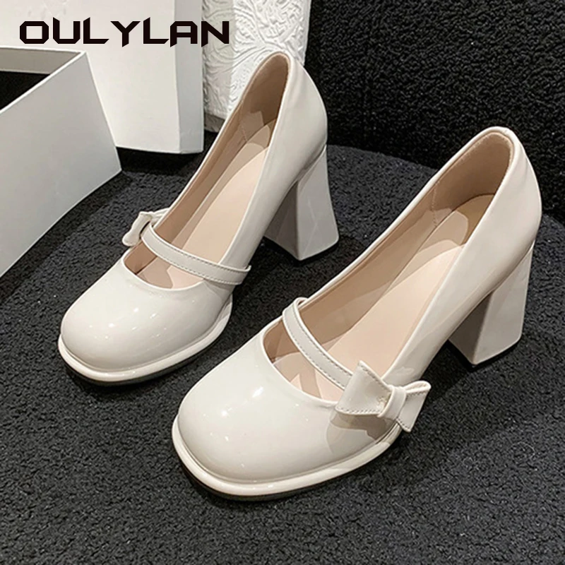 Oulylan Ladies High Heels Elegant Bow Square Toe Fashion Women's Pumps Thick Heel Wedding Party  Wedding Shoes for Women