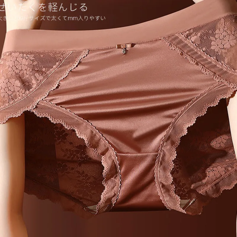 3XL Large Plus Big Size Luxury Satin Sexy Lace Flower Jacquard Transparent Underwear Middle Waist Seamless Breathable Panties