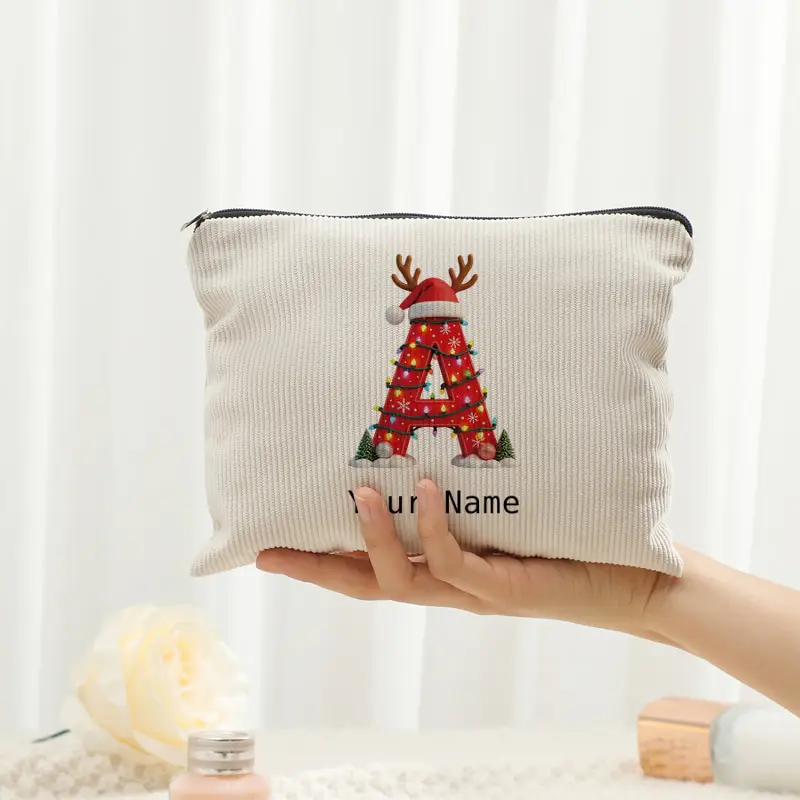 Corduroy Cosmetic Bag Custom Name Christmas Light Reindeer Antler Letter A-Z Pouch Portable Travel Makeup Storage Bag Xmas Gift