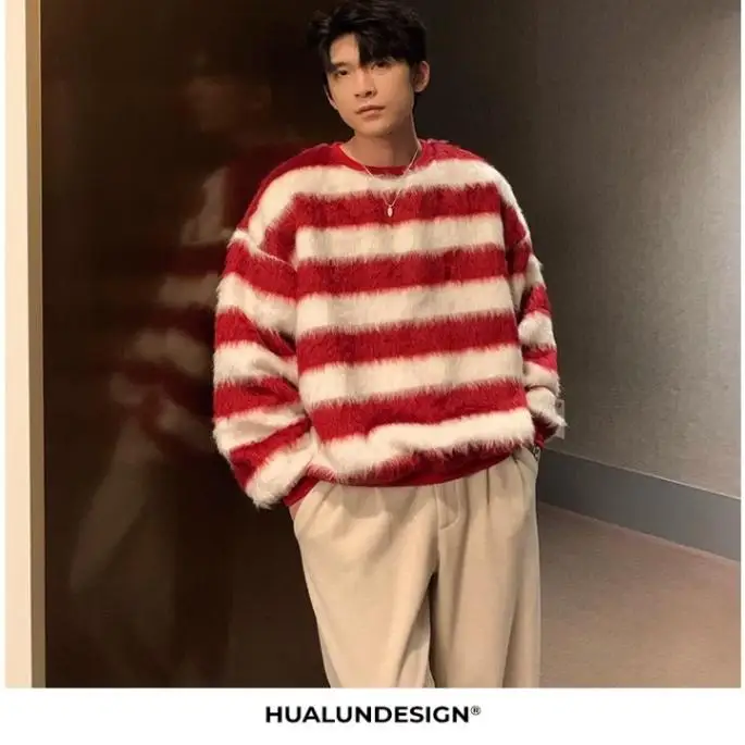 

Holocene American Casual Winter Sweater Couple Loose Knitted Long Sve round Ne Pullover Polyester Fiber Youth Leisure