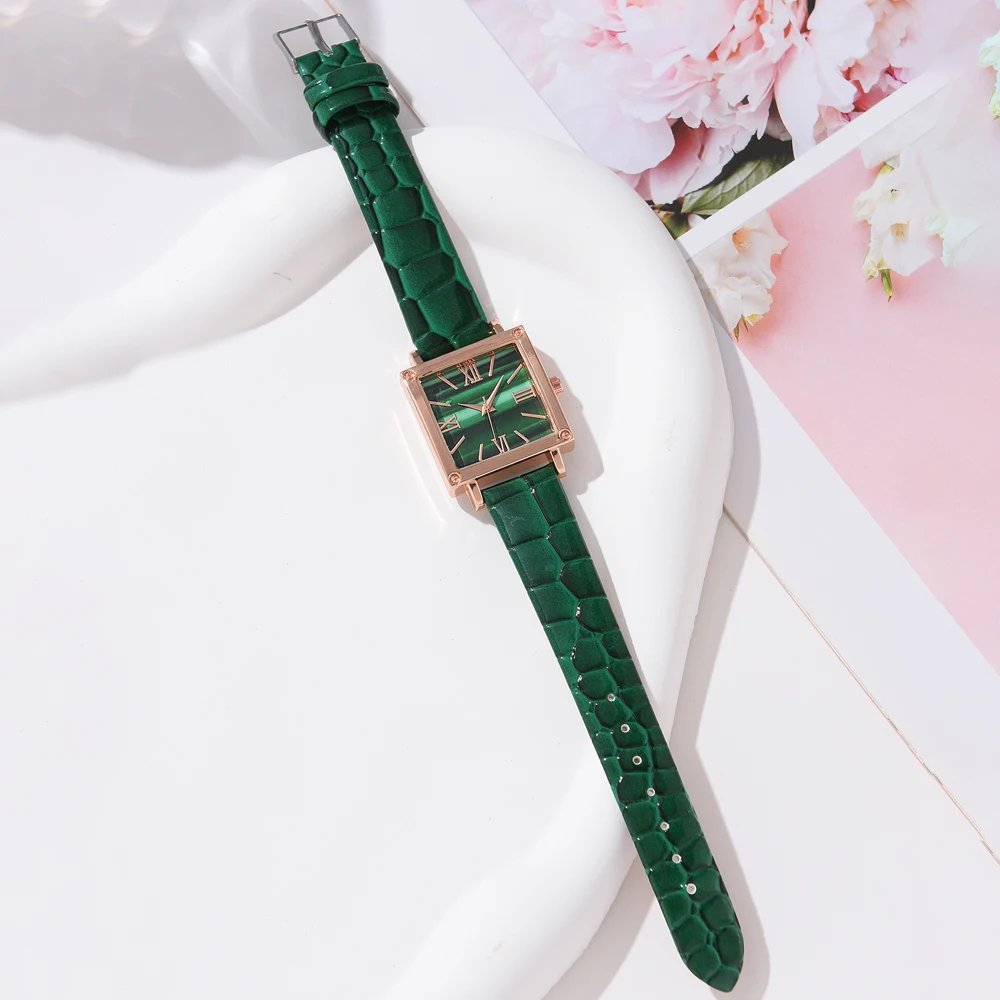 Set Women Watches Fashion Leather Band Watch For Women Square Dial Ladies Quartz Wristwatches Female Clock