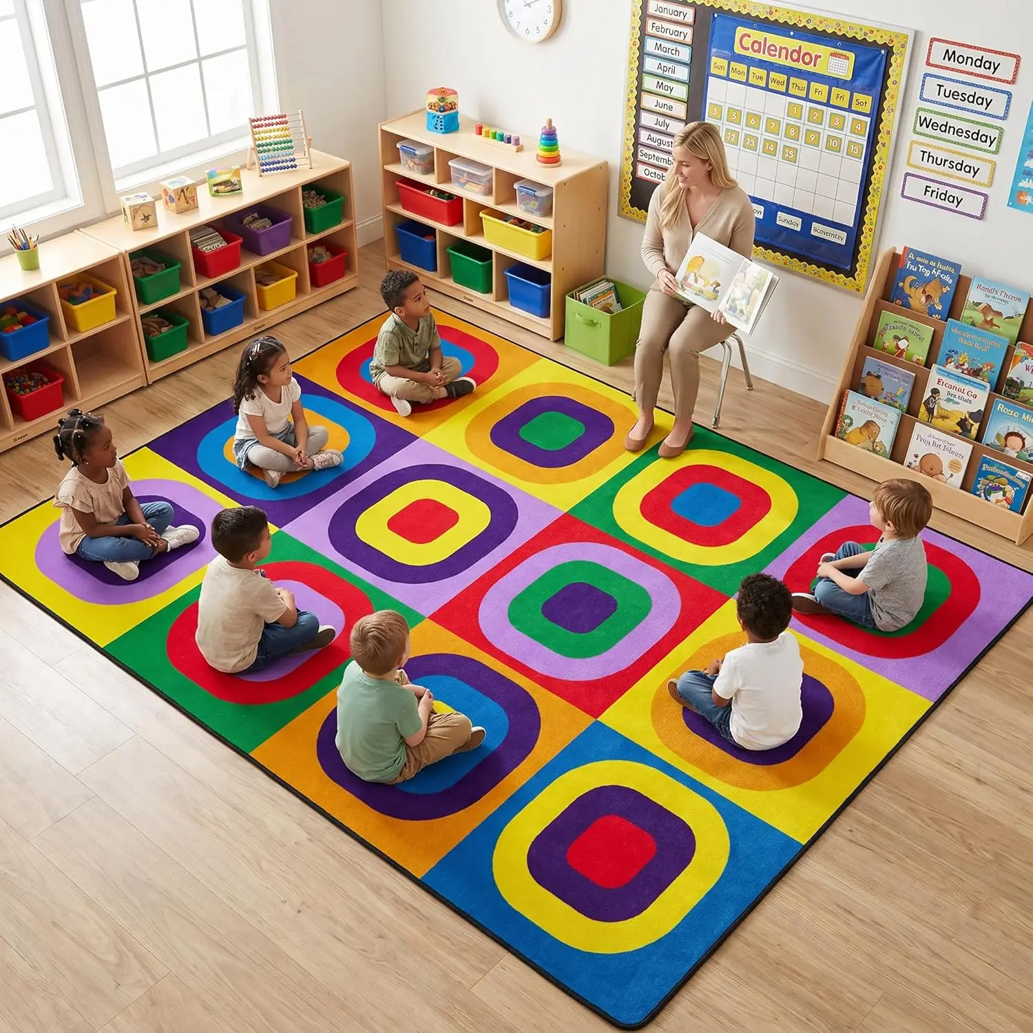 Colorful Geometric Themed Area Rug Kids Educational Pattern Non-Slip Washable Floor Mat for Toddler Room Play Area Home Decor