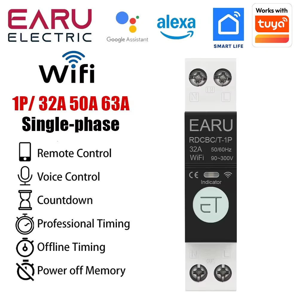 Tuya Smart Life WiFi Circuit Breaker 1P+N 63A MCB DIN Rail Smart Switch Timer Remote Control for Alexa Google Home