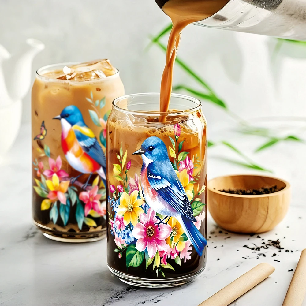 6pcs Watercolor Birds Flowers UV DTF Transfer Stickers Peach Blossoms Camellias Birds Mug Transfer Sticker Washable Stickers