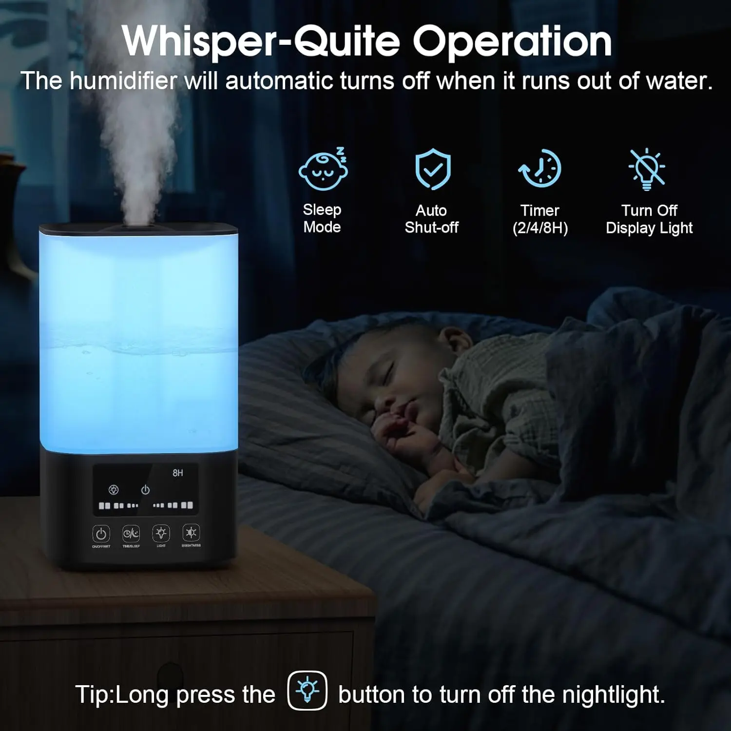 Humidifier 20w, 3-speed adjustable (low/medium/high), 24h timer, 2.5L large water tank, ultra-quiet, for home/office