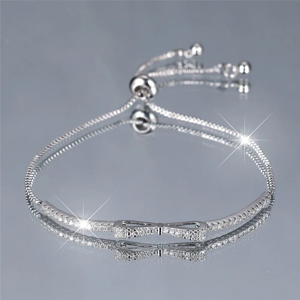 Charm Female White Zircon Stone Cute Bowknot Bracelet Silver Color Adjustable Wedding Jewelry For Women