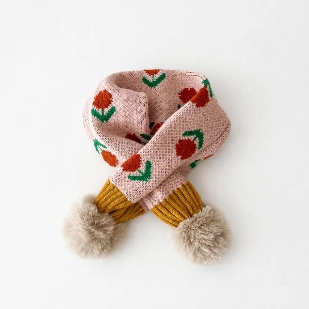 Warm Jacquard Pattern Children Knitted Scarf Flower Print Pompon Kids Winter Neckerchief Thick Windproof Cross Scarf Outdoor Use
