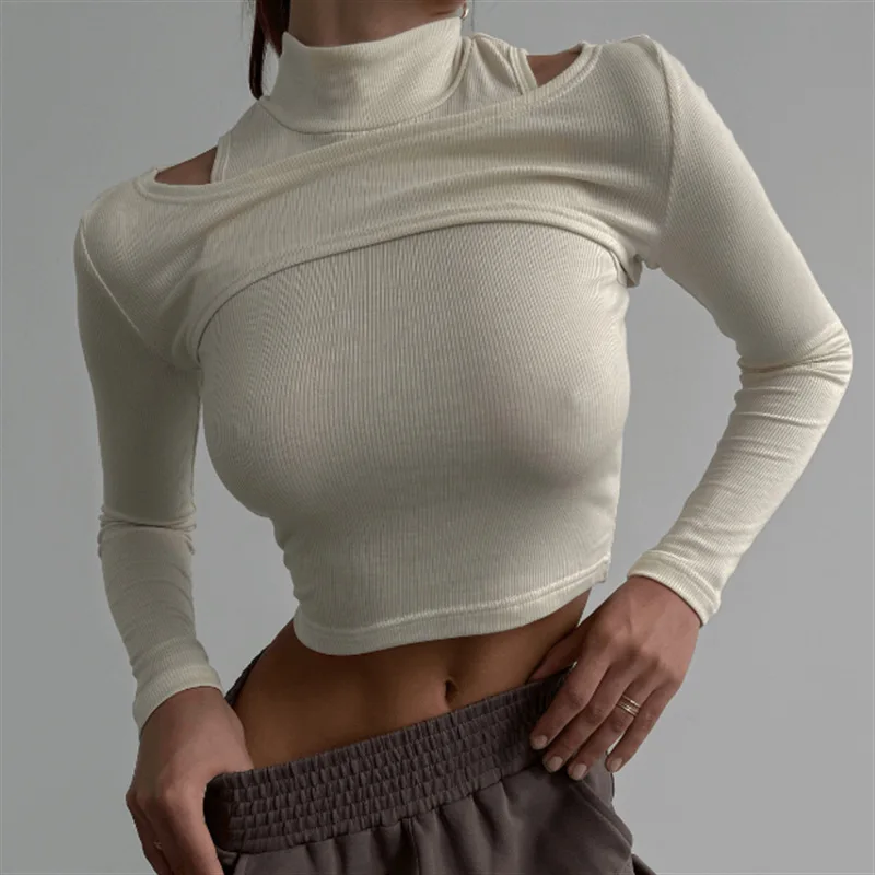 

Spring/summer Sexy Inside A Half High Neck Vest T - Shirt Two Sets of Female Crop Solid Color Long Sleeve Slim Short Blouse