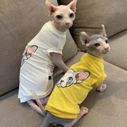 Sweet Soft Prnting Shirt for Sphynx Cat Clothes 3 Color Short Sleeves for Kittens Cartoon Coat for Devon Rex in Spring Summer