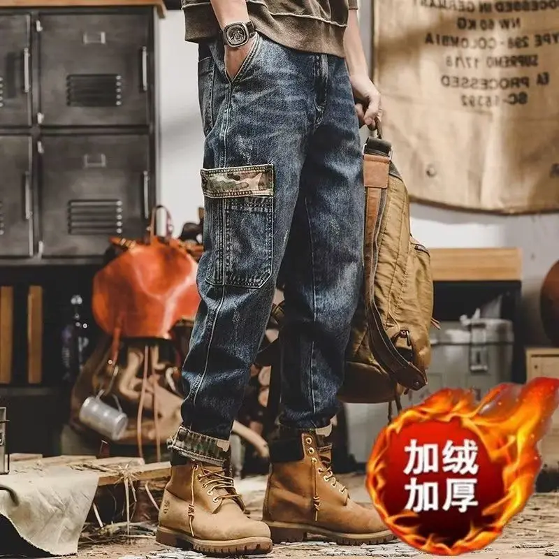 New men\'s retro work jeans cotton multi-pocket casual hundred loose jeans Y2K fashion trend hip-hop streetwear men\'s clothing