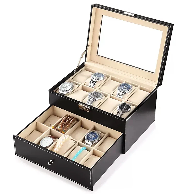 

Luxury Pu Leather Watch Box Organizer 20 Slots Watch Boxes Storage Box Black Jewelry Case Display The Best Gift