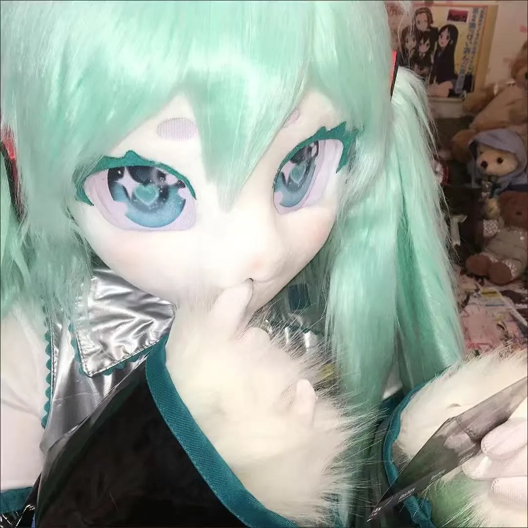 Máscara peluda de Cosplay de Miku, disfraz de cabeza de Kigurumi, máscara de cabeza de Kig de gato, auriculares, disfraz de Animal para fiesta, accesorio de actuación, regalo para niños