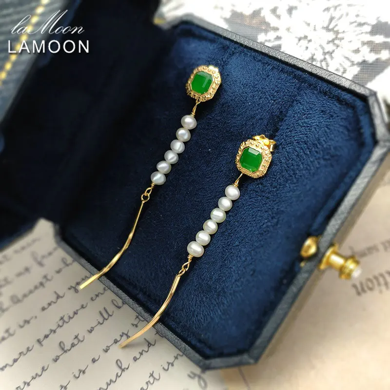 

LAMOON Vintage Freshwater Pearl Tassel Earrings Jade Stud Earring For Women 925 Sterling Silver 10K Gold Plated Fine Jewelry