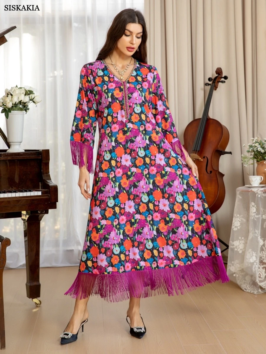 Sisakia dubaï imprimé fleuri élégant Abaya nouvelle robe à franges musulmane élégante caftan pour femmes