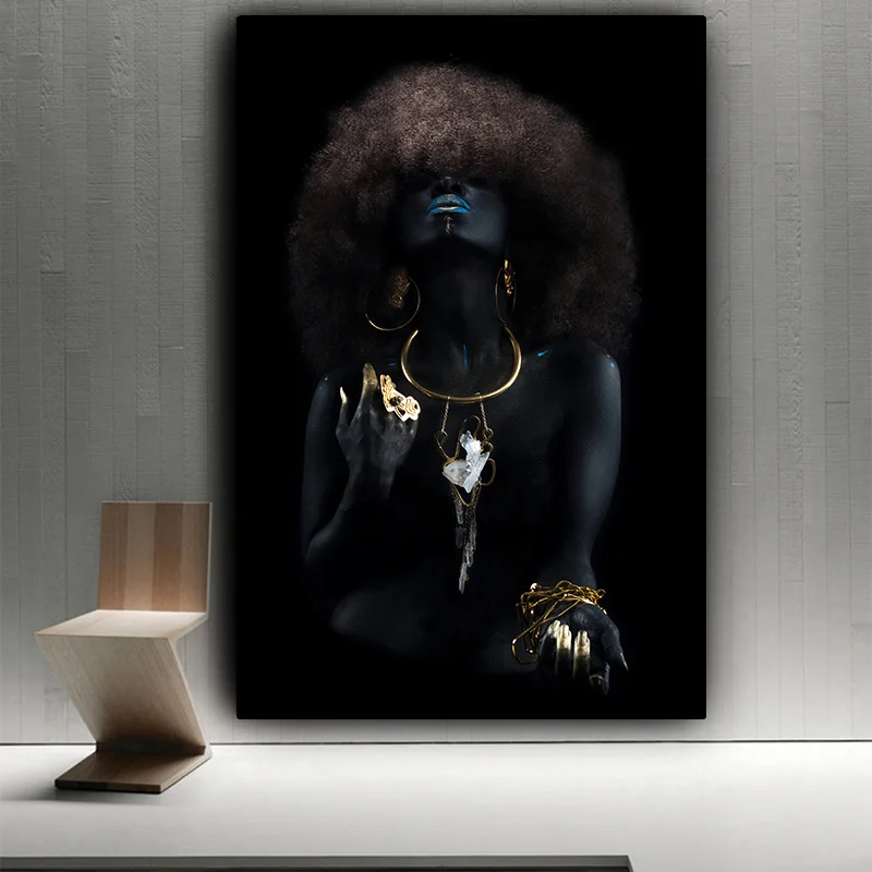 Fluffy Hair African Black Women Golden Finger Oil Painting on Canvas Cuadros Posters and Prints Wall Picture for Living Room