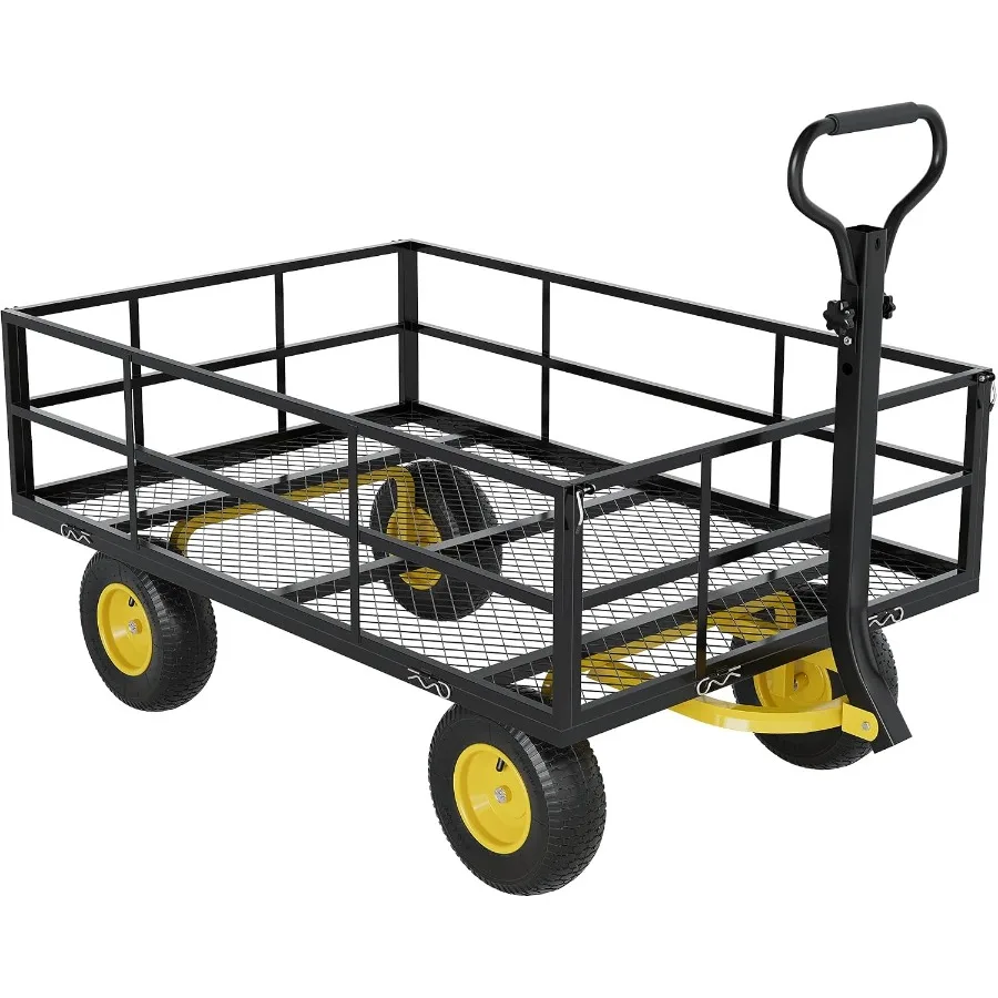 Outdoor garden cart: heavy-duty steel, black, 1200 lbs capacity, 13-inch all-terrain tires, removable mesh side panels, 180 rot