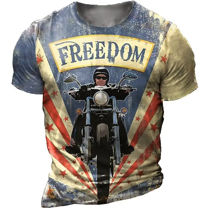 Classic Vintage Summer Motorcycle Men\'s T-shirt 3d Printed Sleeves Fashion Street Heavy Metal Punk Large Size Baggy O-neck Top