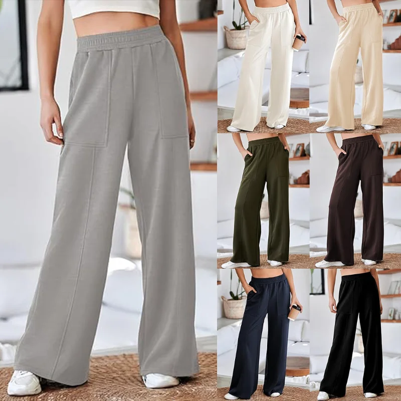 Women Elastic High Waist Wide Leg Pants Loose Casual Trousers With Big Side Pockets Solid Multiple Colors