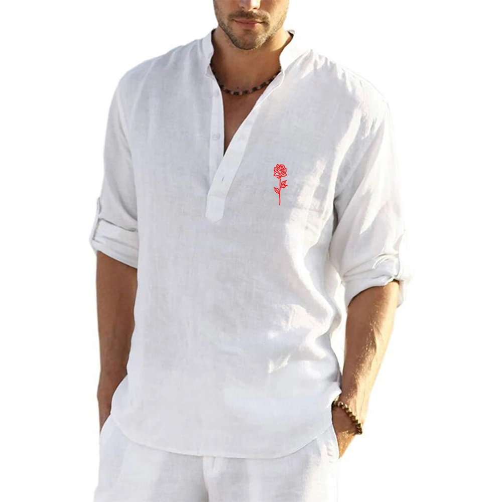 2026 Beautiful Rose Pattern Logo Print Men's Cotton Linen Shirts Beach Tops Shirt Pull on Male Loose Casual Long Sleeve Top view 3