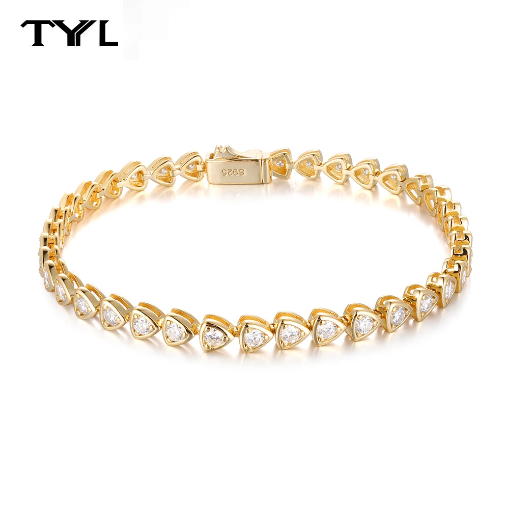 TYYL Triangular Bezel Moissanite Tennis Bracelet for Women Men 925 Silver Chain Bangle 18K Gold Plated Wedding Party Jewelry