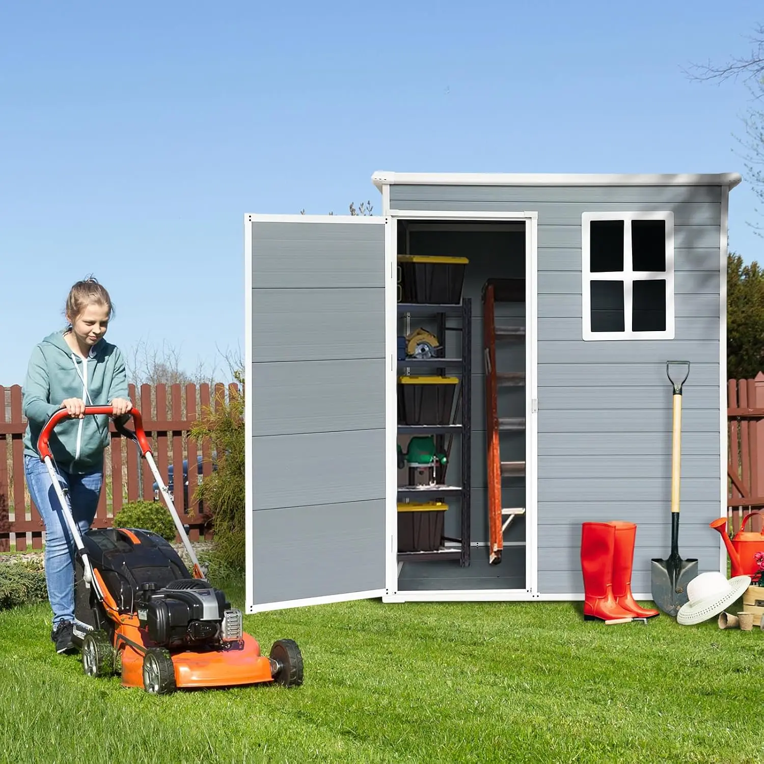 Outdoor Storage Shed Plastic Resin 5x3ft Lockable Floor Vent Window Grey Backyard Tool, Customized