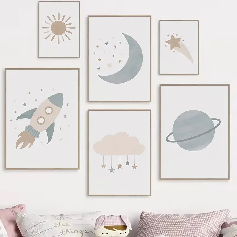 1pc frameless Canvas Painting Watercolor Boho Outer Space Moon Sun Stars Rocket Clouds Planet Poster Canvas Painting Wall Art Pi