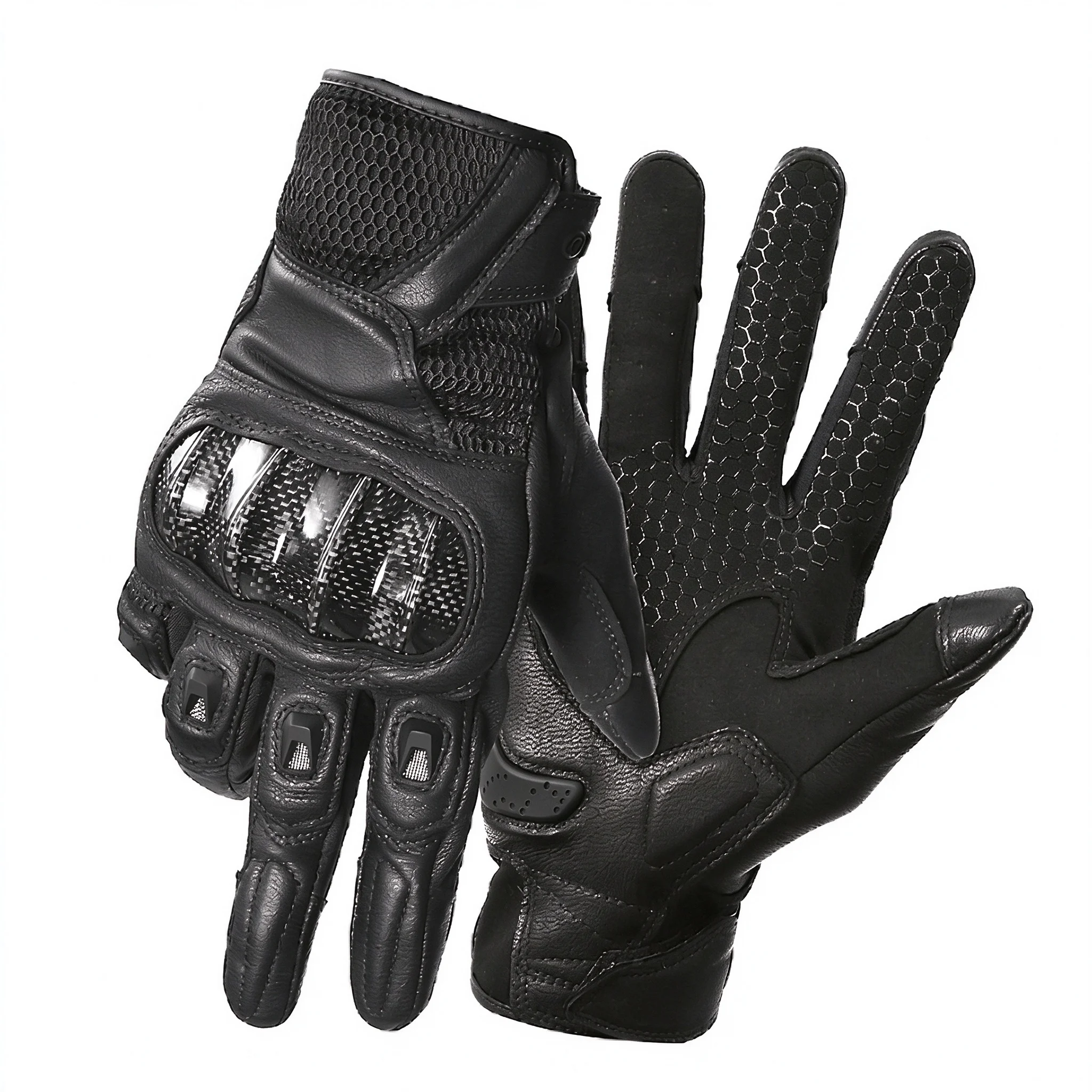 Motorcycle Glove Knuckle - ถุงมือมอเตอร์ไซค์สำหรับฤดูร้อน ระบายอากาศได้ดี บางเบา หนังแกะ ป้องกันนิ้วมือด้วยคาร์บอนไฟเบอร์ รองรับการสัมผัสหน้าจอ