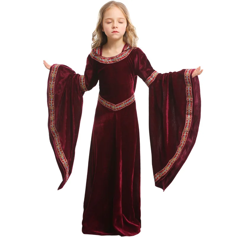 

Medieval Cosplay Vampire Witch Dress Halloween Costumes for Kids Girls Middle Ages Carnival Party Performance Long Hoody