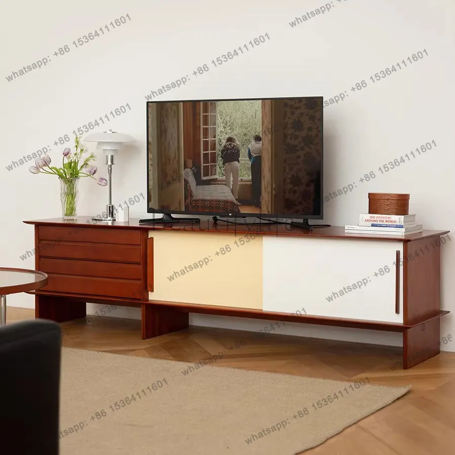 Retro cherry wood color matching TV cabinet living room medieval living room small apartment