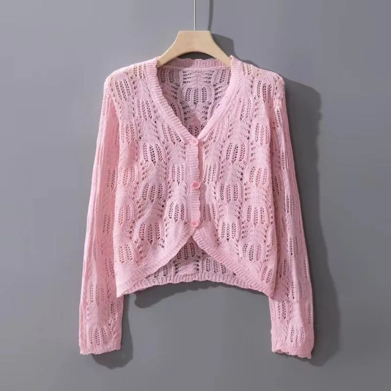 Summer New Knitted Women\'s Long-sleeved Short Sun Protection Feminine Temperament Simple Versatile Flower Hollow Out Cardigan