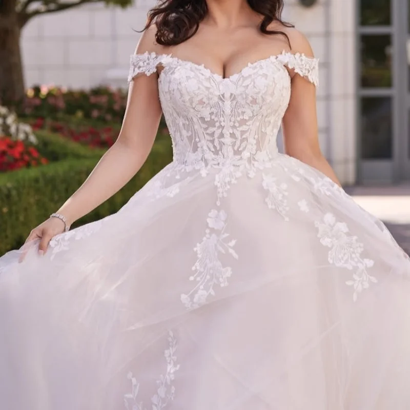 

Ivory White Wedding Dresses off-shoulder A skirt flower decal Gowns slit Made wedding dress Customized