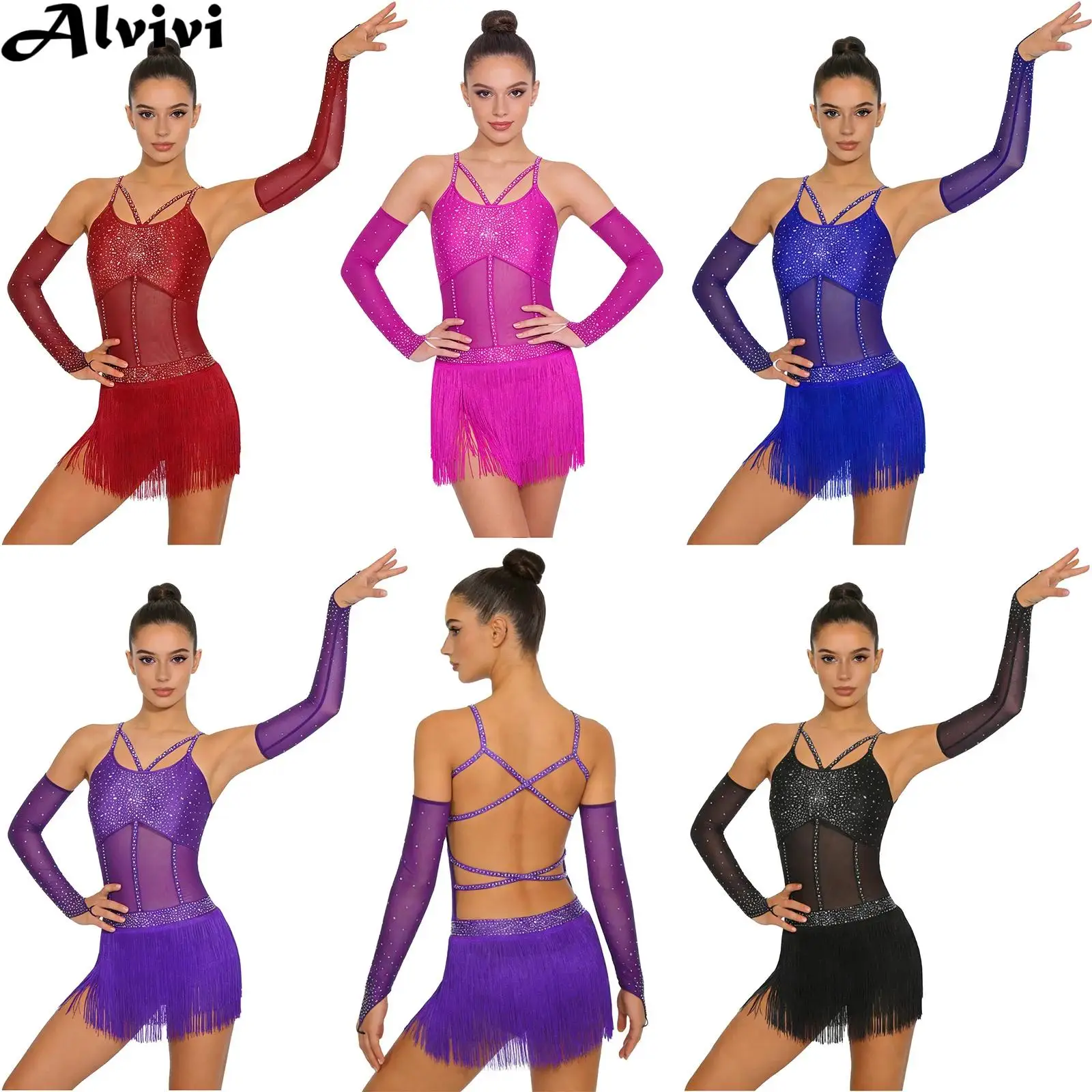 Women Latin Dance Tango Cha-cha Bodysuit with Sleeves Rhinestones Mesh Tassel Leotard Dress Skating Samba Rumba Ballroom Costume
