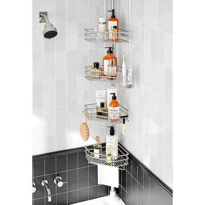 Corner Shower Caddy Tension Pole,Adjustable Organizer with 4 Shelves, No Drilling Shelf for Inside Shower, Rack Storage, Silver