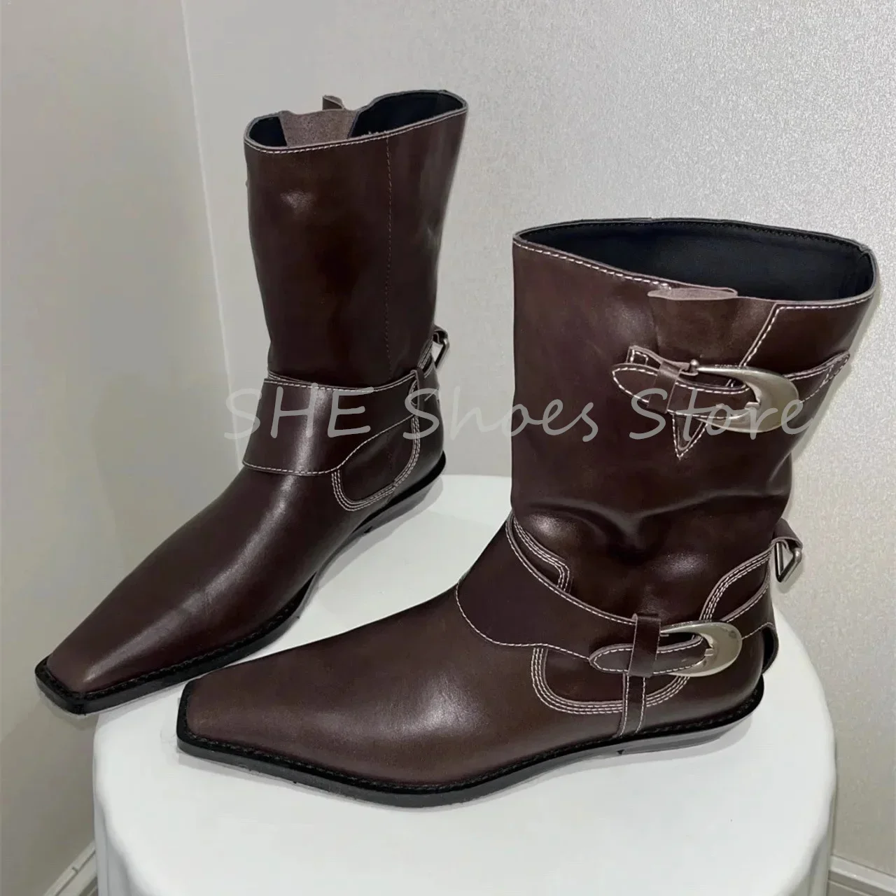 

Women's Retro Belt Buckle Western Cowboys Boots Fashion Square Toe Chunky Heel Knee High Long Boots Ladies Casual Shoes