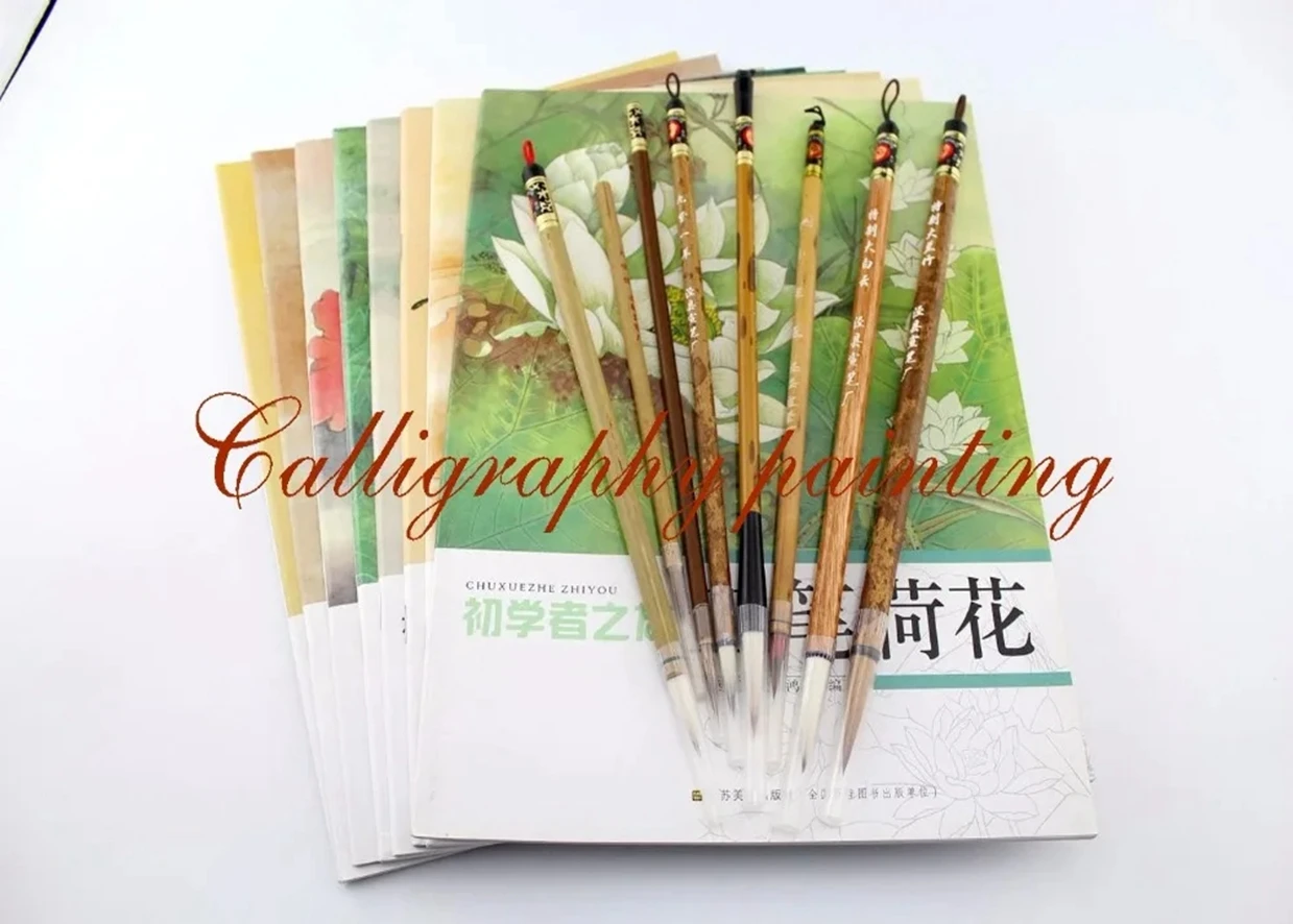 Set 8 PC Painting Fine Line Gongbi Sumi-e Brushes +8 Pc Gongbi Painting Books