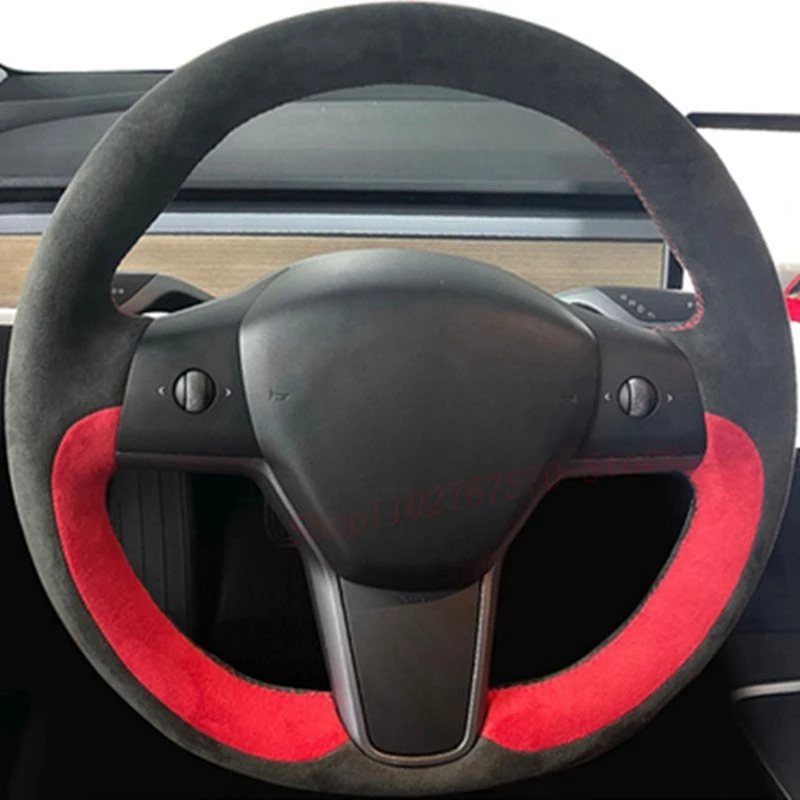 

DIY Hand-stitched Steering Wheel Cover Wrap Non-Slip Genuine Leather Suede For Tesla Model 3 Model Y 2015-2021 Car Accessories