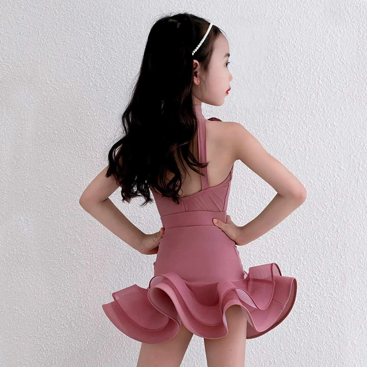 Vestidos de competición de baile latino a la moda, trajes de baile de actuación para niños, vestido de baile latino sin mangas para niñas