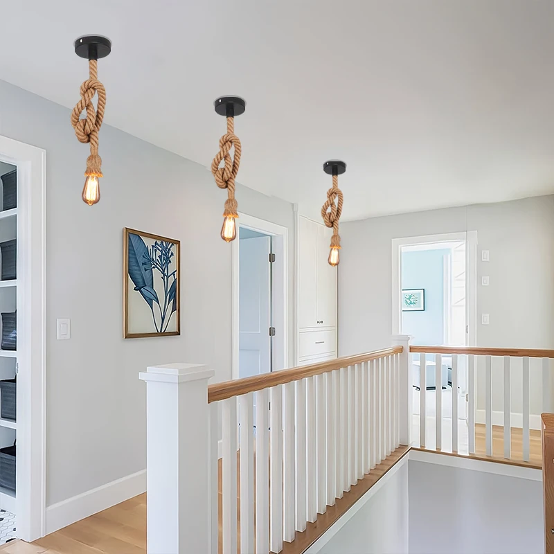 الريفية الرجعية حبل القنب الاستوائي E27 قلادة ضوء مطعم المطبخ منصة مشروبات الممر السرير تركيبات إضاءة الحمام