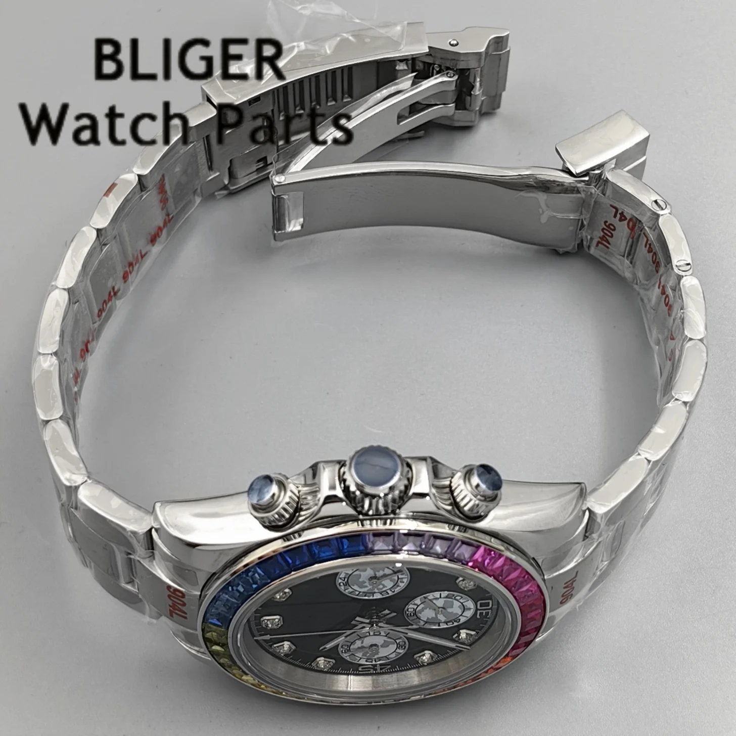 BLIGER Black Panda Dial Multicolour Bezel Chronograph VK63A Quartz Running Second Hand Men Watches Sapphire Glass Rubber Strap view 6