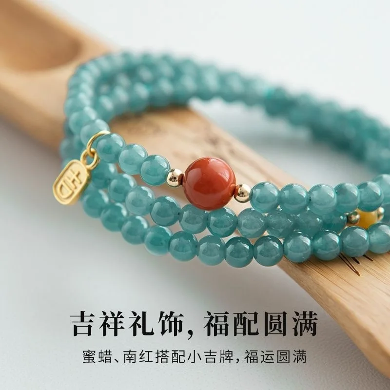 

Pure natural Burmese blue jadeite multi-strand necklace bracelet with amber and Southern red agate for personal fortune