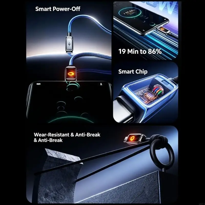 Q6PA Light Cue Charging Cable with Auto Shut-Off for USB C Devices, Metal Shell for Bedside and Travel Daily Use